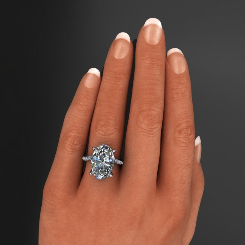 10 carat oval Sabalenka ring in lab created diamonds and platinum, tennis star engagement ring, diamond side halo - hand model view