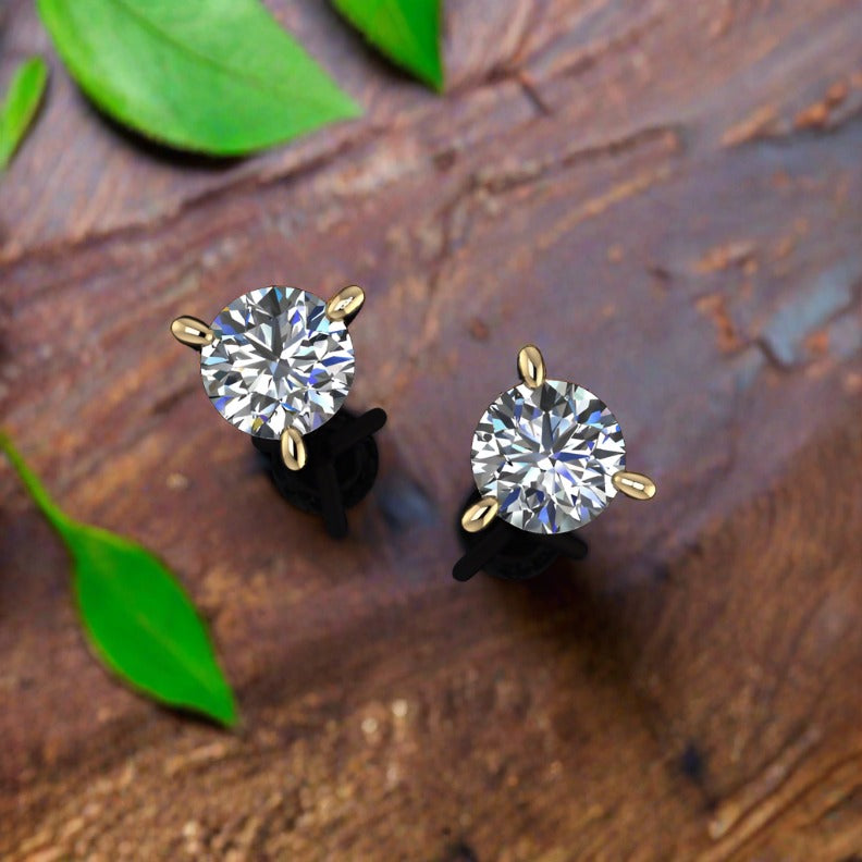 1 carat round moissanite earrings, 14k yellow gold earrings - J Hollywood Designs