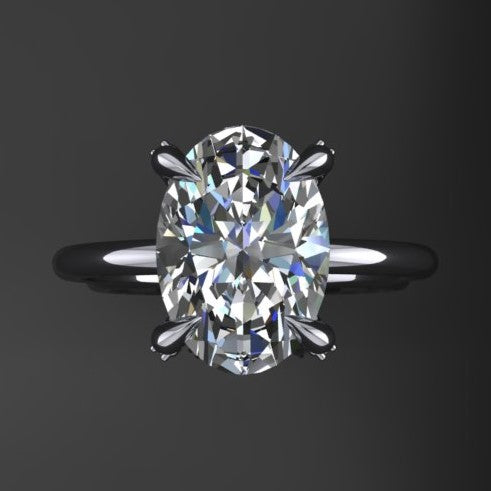 3 carat lab grown diamond oval solitaire engagement ring with a diamond hidden halo and studded prongs - top view
