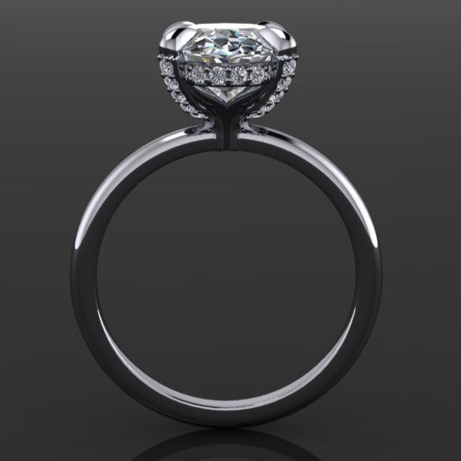 3 carat lab grown diamond oval solitaire engagement ring with a diamond hidden halo and studded prongs - profile view