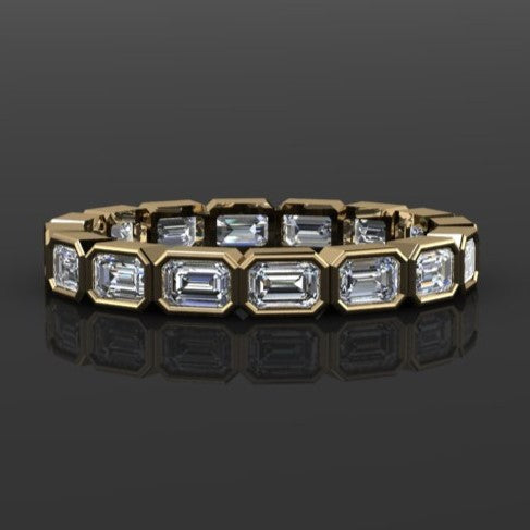 emerald cut lab grown diamond eternity band, bezel set