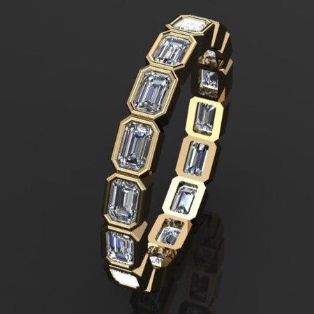 emerald cut lab grown diamond eternity band, bezel set - side view