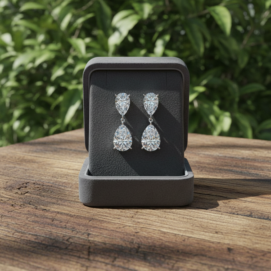 Pair of diamond earrings in a gray jewelry box on a wooden surface with green foliage in the background