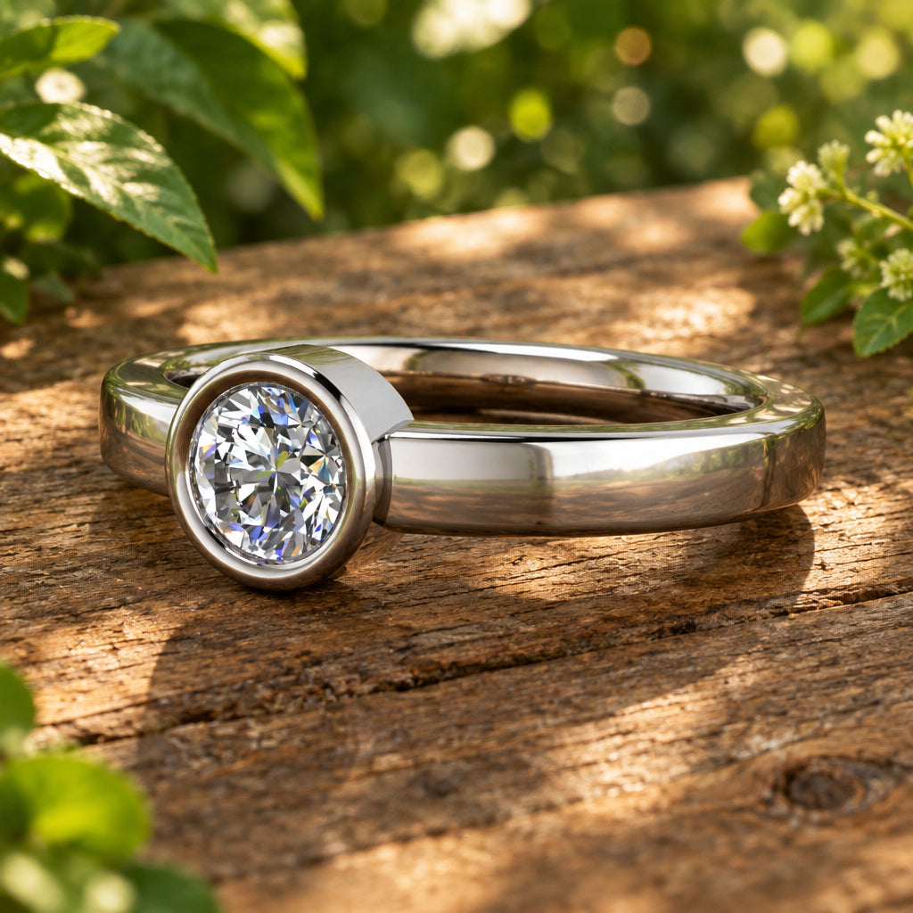 Round half carat bezel set engagement ring laying on a rustic wooden surface.