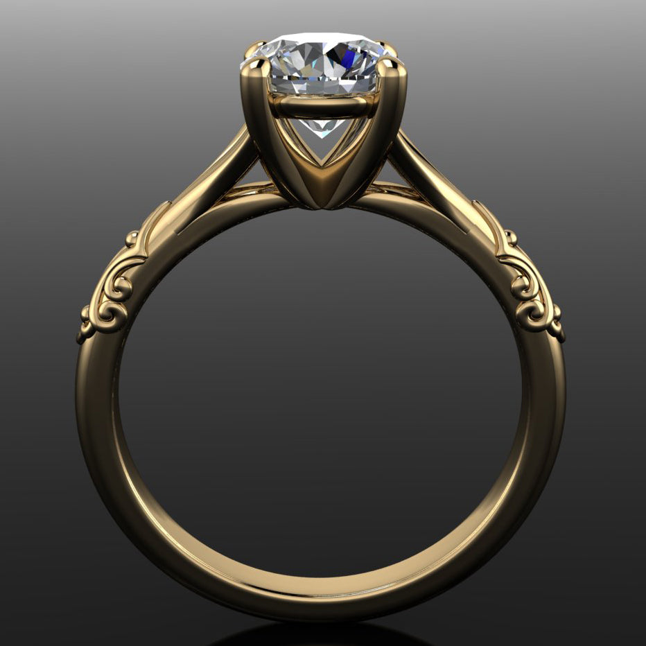 round moissanite engagement ring with pretty detailing on the sides of the band - through finger view