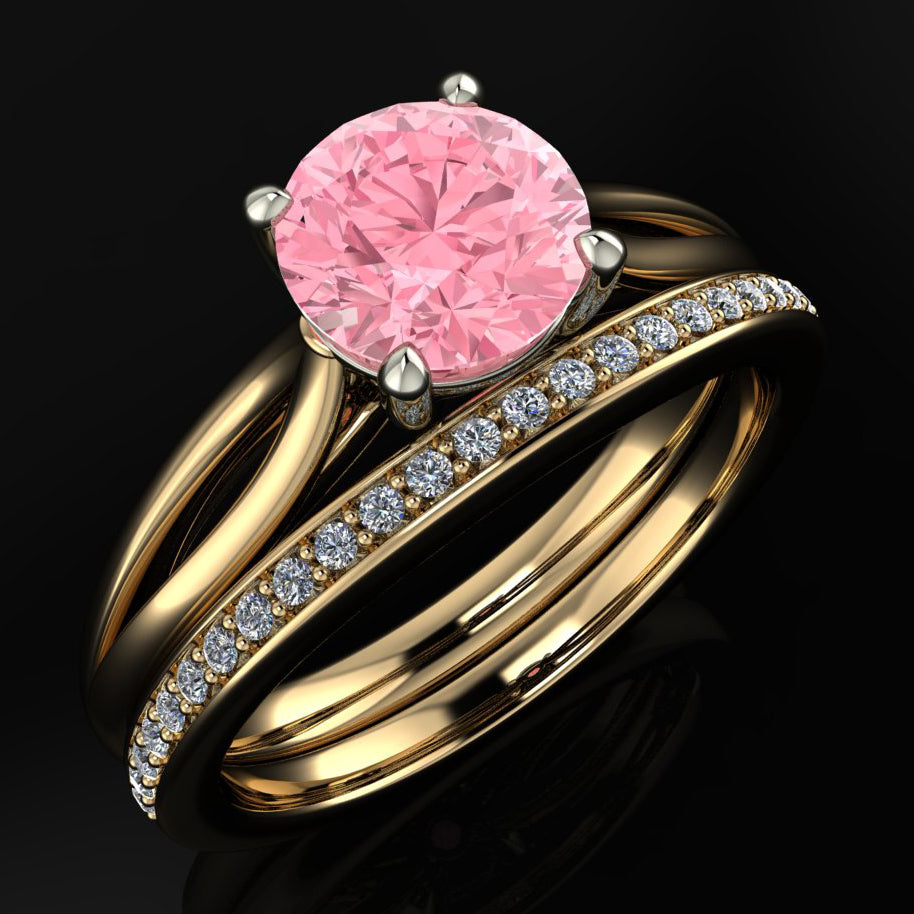 1.5 carat round pink diamond ring, barbie pink ring - victoria ring - shown as wedding set