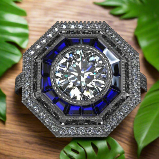 Old European Cut Round Moissanite and Sapphire Art Deco Engagement Ring