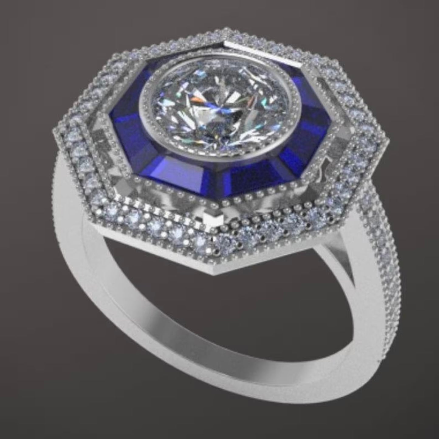 Old European Cut Round Moissanite and Sapphire Engagement Ring Angle