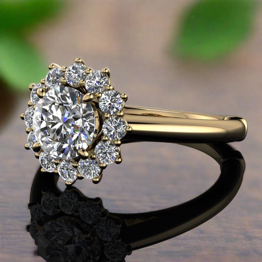 6.5mm round floral halo ring - laying on a table
