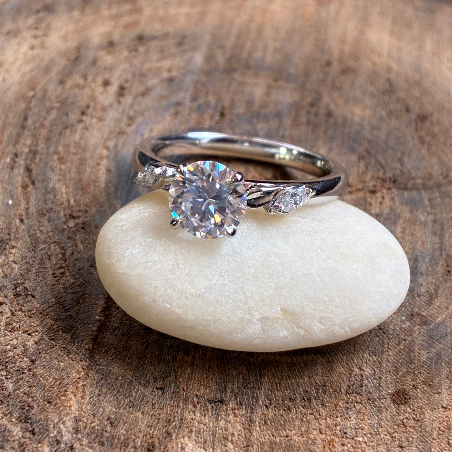 1 carat round moissanite engagement ring, ZAYA moissanite leaf ring, secret garden ring, nature inspired - photo of the actual ring on a rock