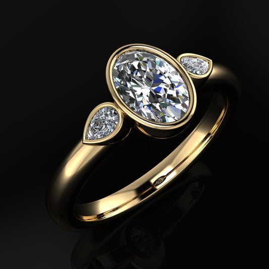 oval moissanite engagement ring, past present future 3 stone bezel ring, solid gold ring