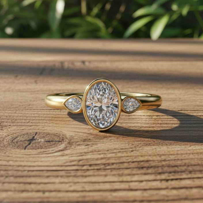 Gold ring with a large diamond and smaller diamonds on the sides against a reflective surface.