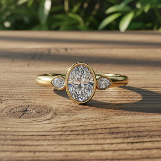 Gold ring with a large diamond and smaller diamonds on the sides against a reflective surface.