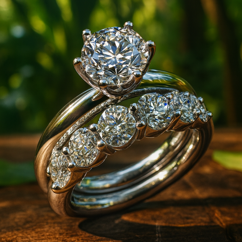 Six prong Phoenix engagement ring set with a round moissanite, paired with a 7 stone Bette anniversary band - angle view