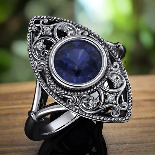audrey ring - round navette ring with round sapphire center - angle
