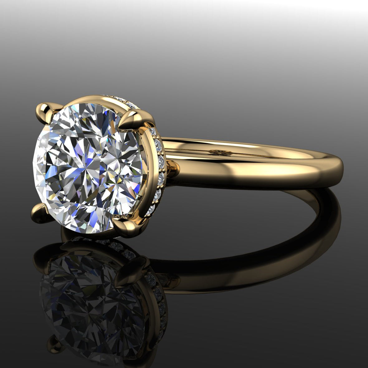 rowan ring - 1.5 carat round engagement ring with diamond side halo - laying flat view