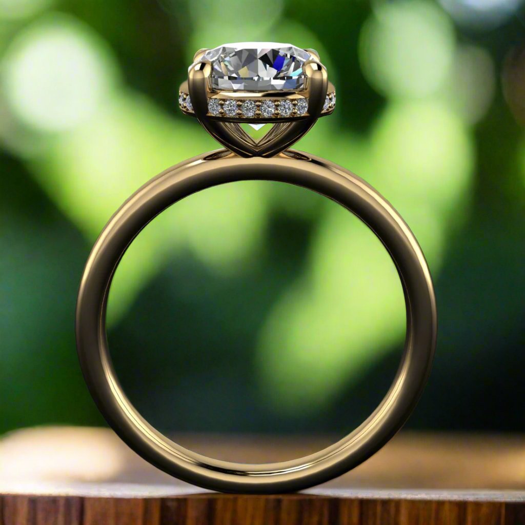 rowan ring - 1.5 carat round engagement ring with diamond side halo - side view