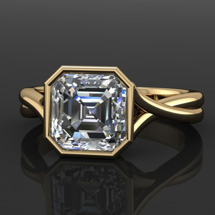 hailey ring with a 3.5mm wide band – 2 carat asscher cut moissanite engagement ring, euro band, solid gold ring