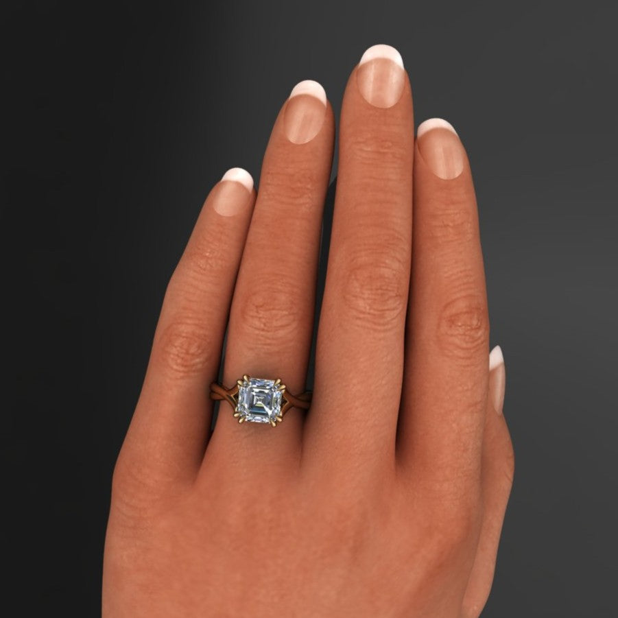 2 carat asscher moissanite ring with a 3.5mm wide band - hand model