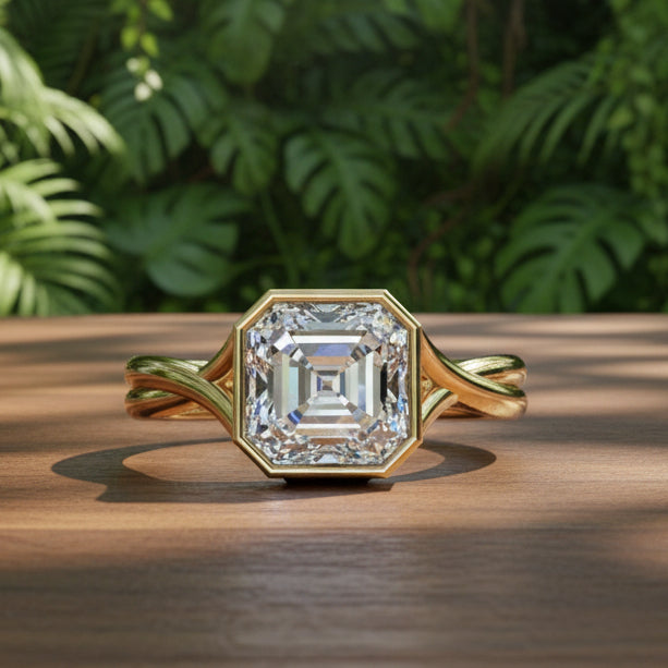 2 carat bezel set asscher engagement ring with a 3.5mm wide euro band
