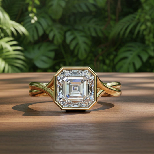 2 carat bezel set asscher engagement ring with a 3.5mm wide euro band
