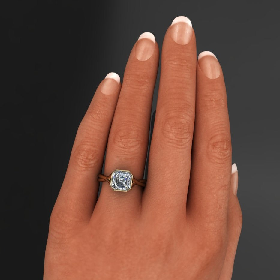 2 carat bezel set asscher engagement ring with a 3.5mm wide euro band - hand model