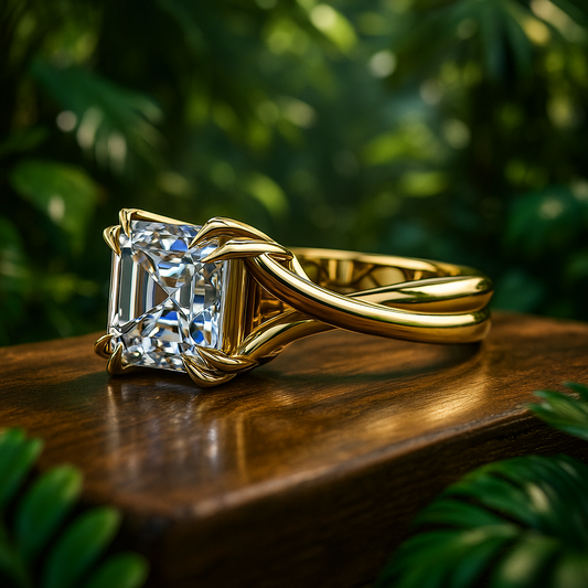 2 carat asscher moissanite ring with a 3.5mm wide band on a table