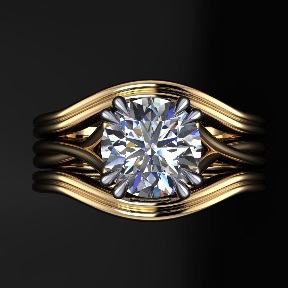 hailey engagement ring - bandsround engagement ring with 2 gold matching wedding bands - top view
