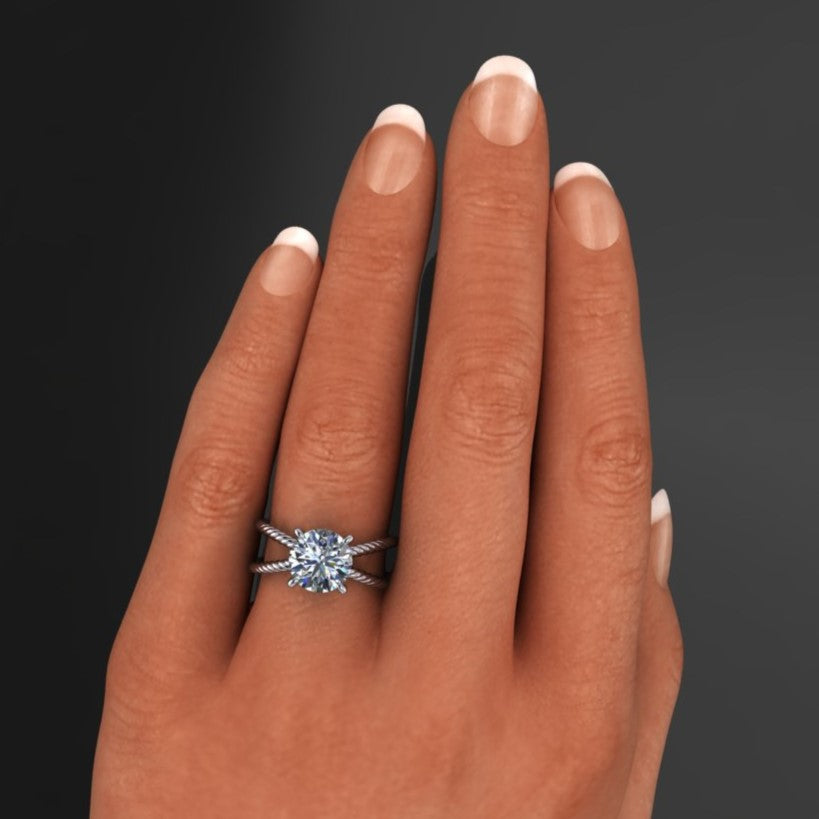 2 carat round moissanite engagement ring - raven ring - hand model