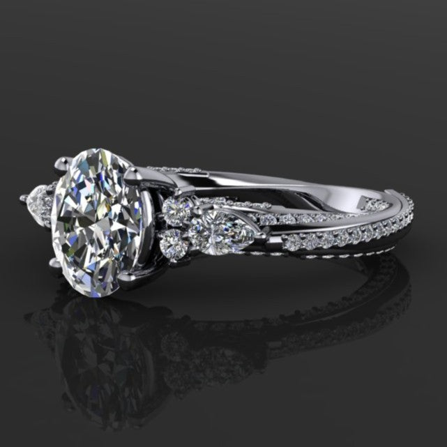1.8 carat oval moissanite ring with lab grown diamond accent stones on a wooden surface - horizontal view