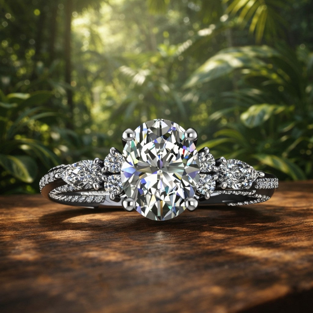 1.8 carat oval moissanite ring with lab grown diamond accent stones on a wooden surface 