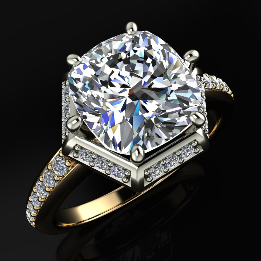 custom maya ring - elongated cushion cut crushed ice moissanite, angled side halo