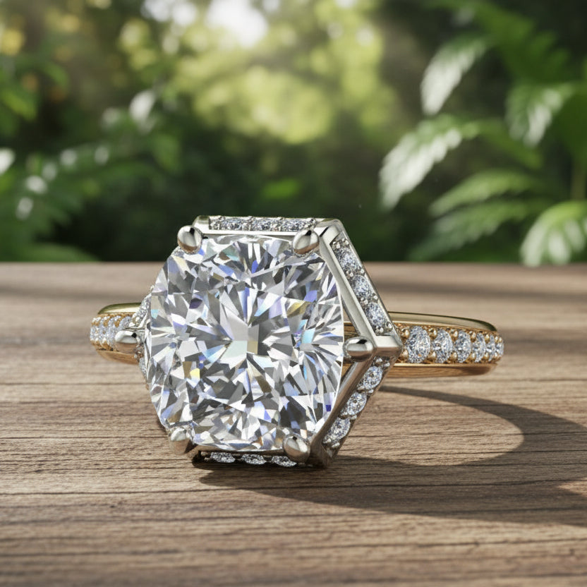 Gold ring with a large diamond and smaller diamonds on the band against a dark background