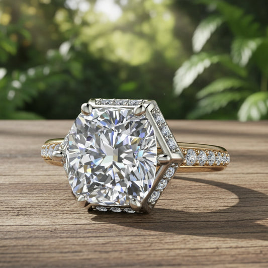 Gold ring with a large diamond and smaller diamonds on the band against a dark background