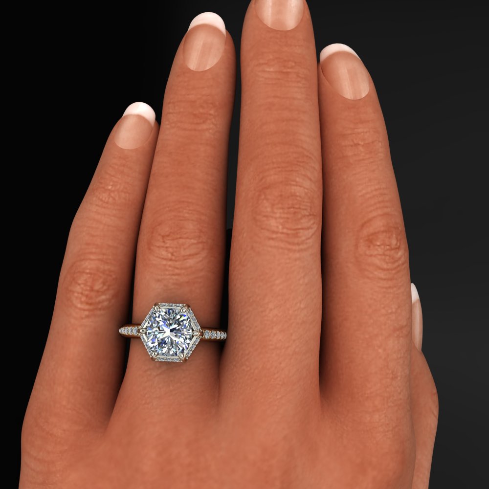 custom maya ring - elongated cushion cut crushed ice moissanite, angled side halo