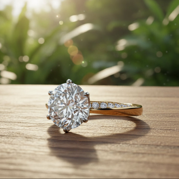 Gold ring with a large diamond and smaller diamonds on the band laying on a wooden table with greenery in the background.