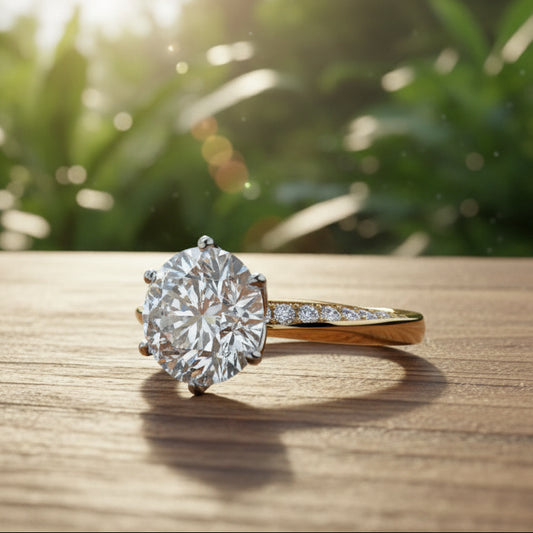 Gold ring with a large diamond and smaller diamonds on the band laying on a wooden table with greenery in the background.