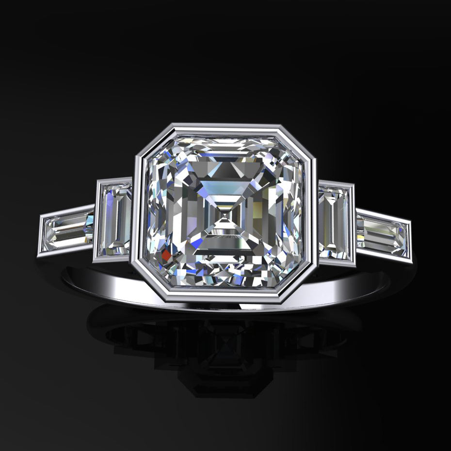 marlene ring - 2 carat asscher cut moissanite engagement ring, five stone ring - J Hollywood Designs