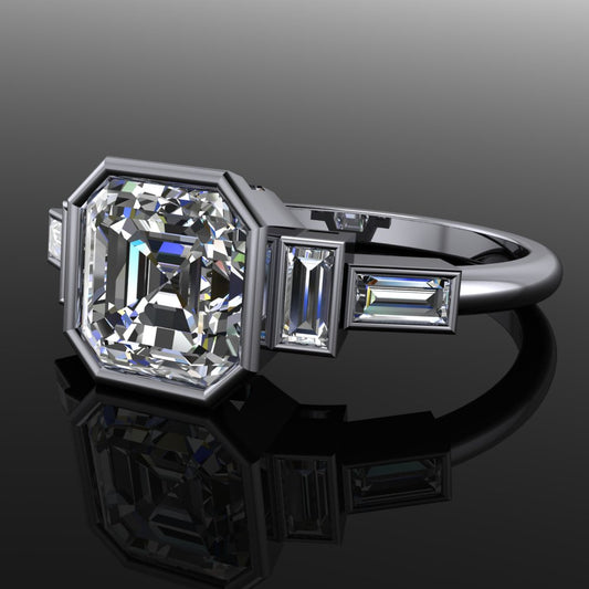 marlene ring - 2 carat asscher cut moissanite engagement ring, five stone ring - J Hollywood Designs