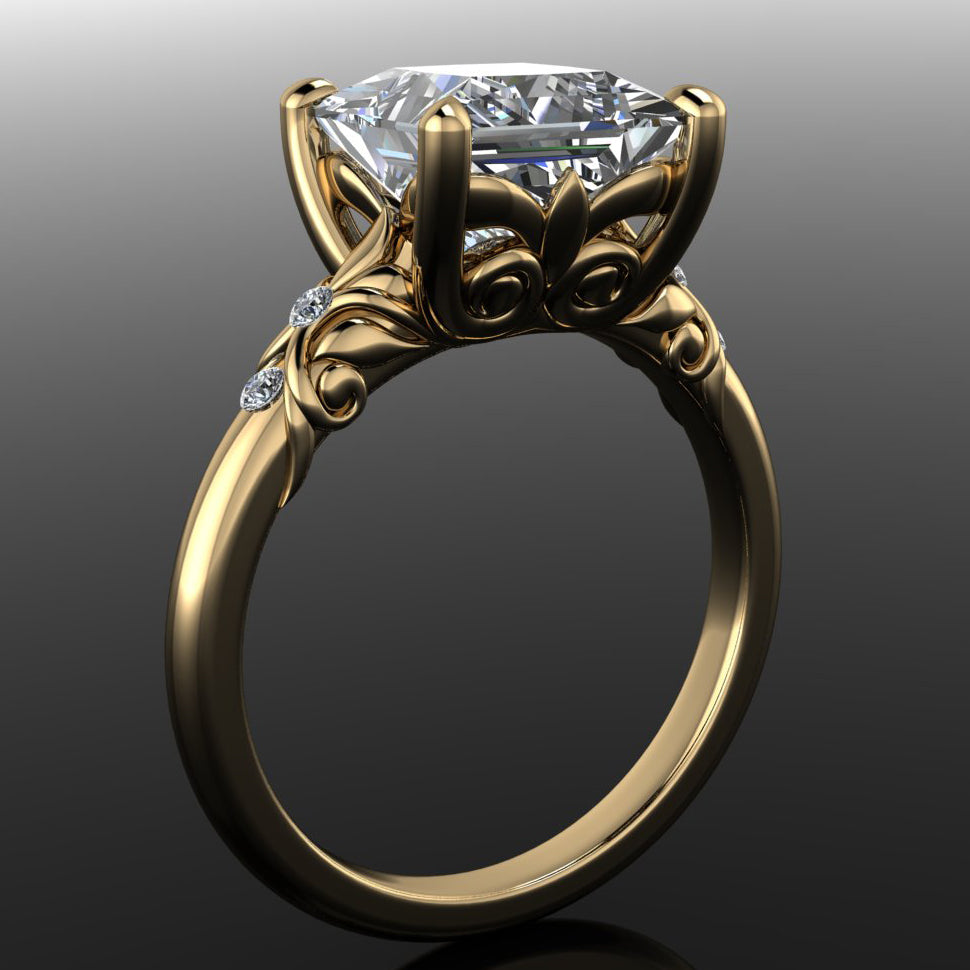 Princess cut gold ring with a large diamond and intricate designs on the band - side view