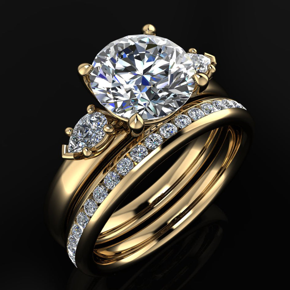 abigail ring - 2 carat round moissanite engagement ring, anniversary ring, 3 stone ring - J Hollywood Designs