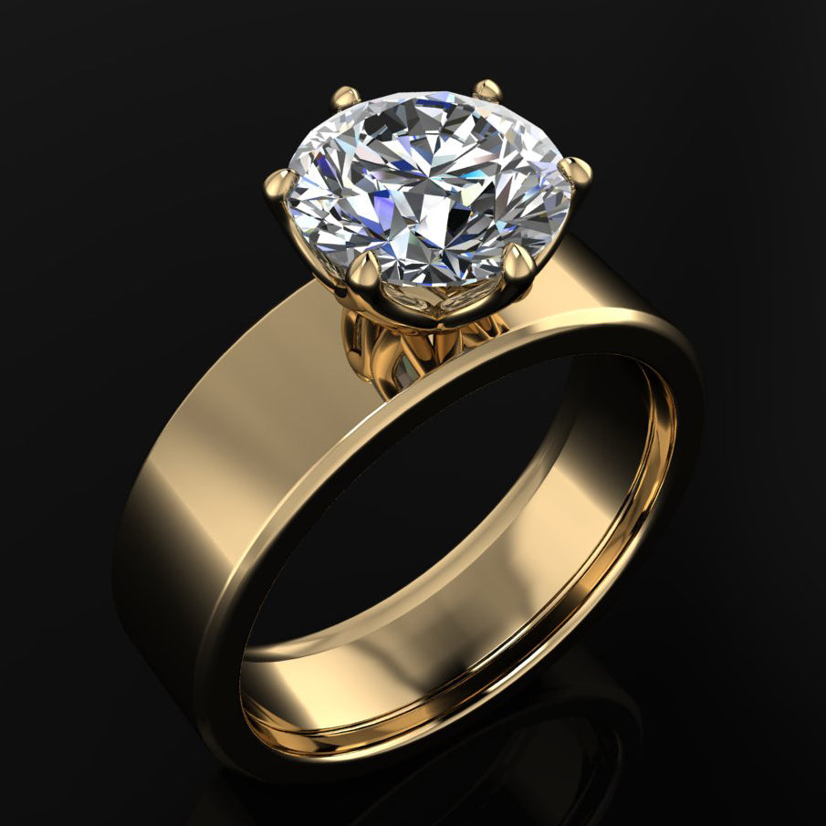 nova ring - cigar band engagement ring set with a 2 carat round moissanite - tilted forward