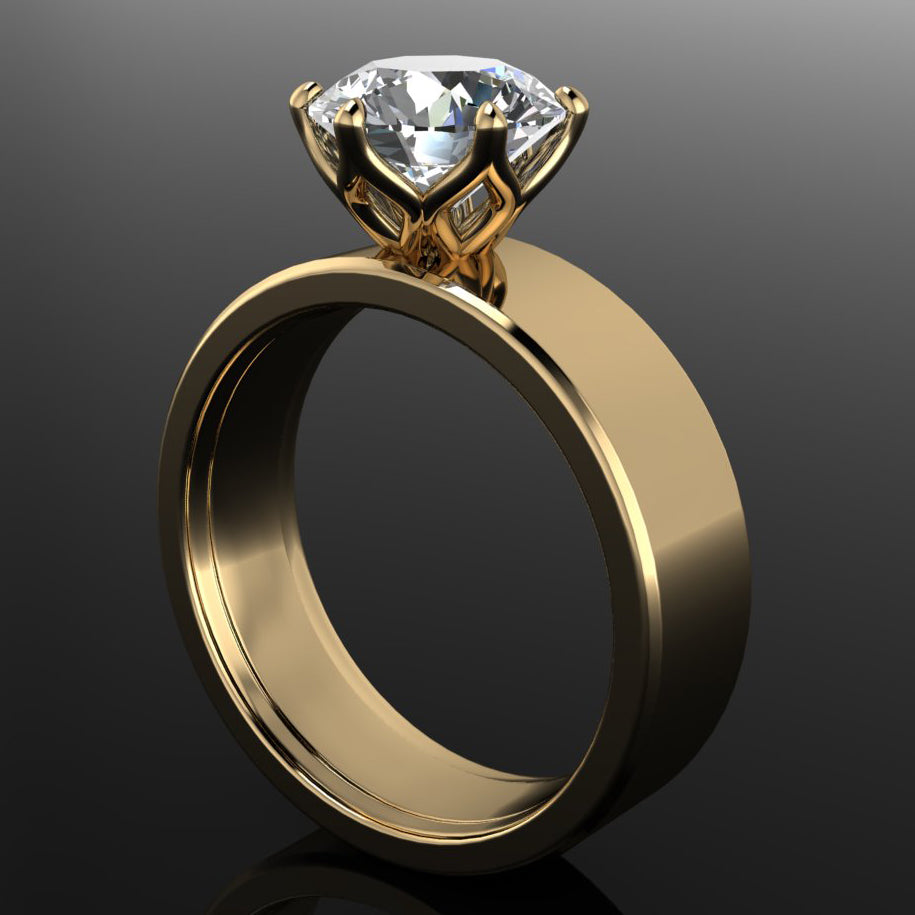 nova ring - cigar band engagement ring set with a 2 carat round moissanite - angle view