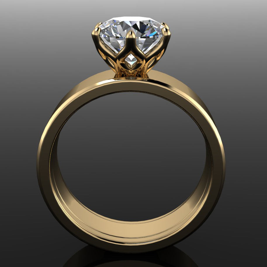 nova ring - cigar band engagement ring set with a 2 carat round moissanite - through finger view