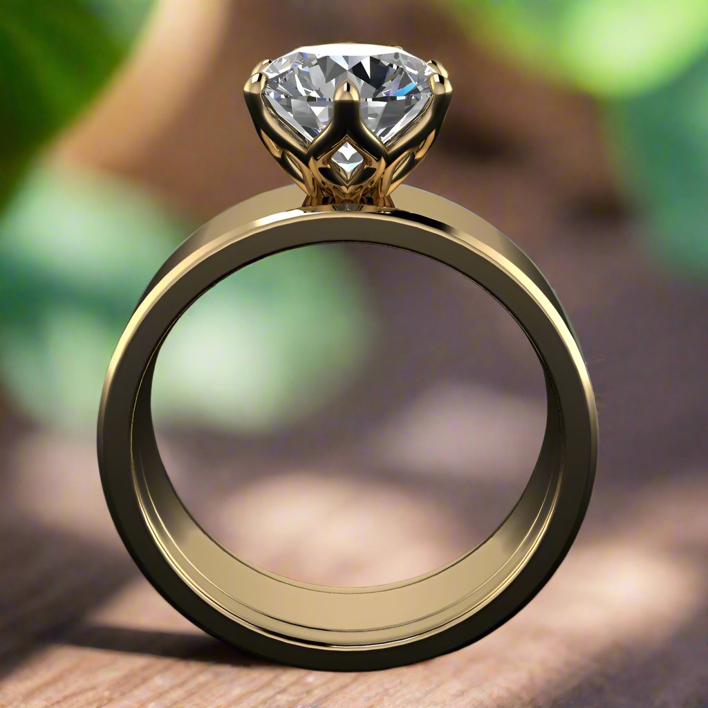 nova ring - cigar band engagement ring set with a 2 carat round moissanite - through finger view