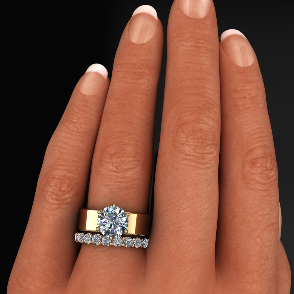 nova ring - 2 carat lab grown diamond ring with wide ring band - model shot with diamond wedding band