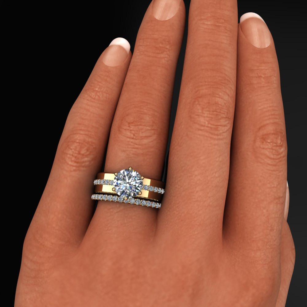 nova ring II - wide engagement ring with lab grown diamond, cigar band - model shot with wedding band