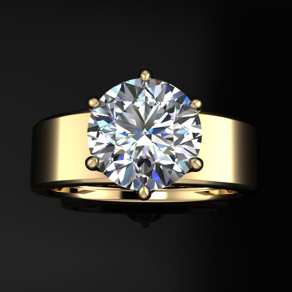 nova ring - cigar band engagement ring set with a 2 carat round moissanite - top view