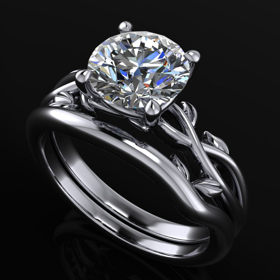 Kendra Ring – 2 Carat Round Moissanite Wedding Set, Engagement Ring & Matching Contoured Band