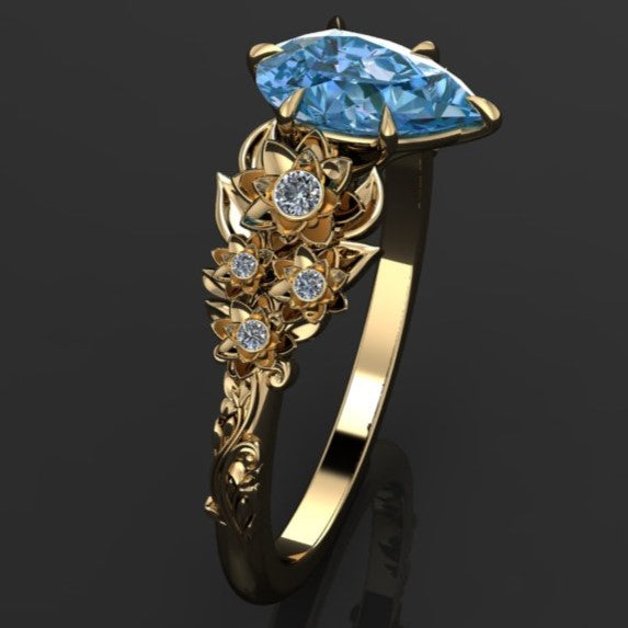 1 carat blue pear moissanite floral engagement ring with diamond accents - side view